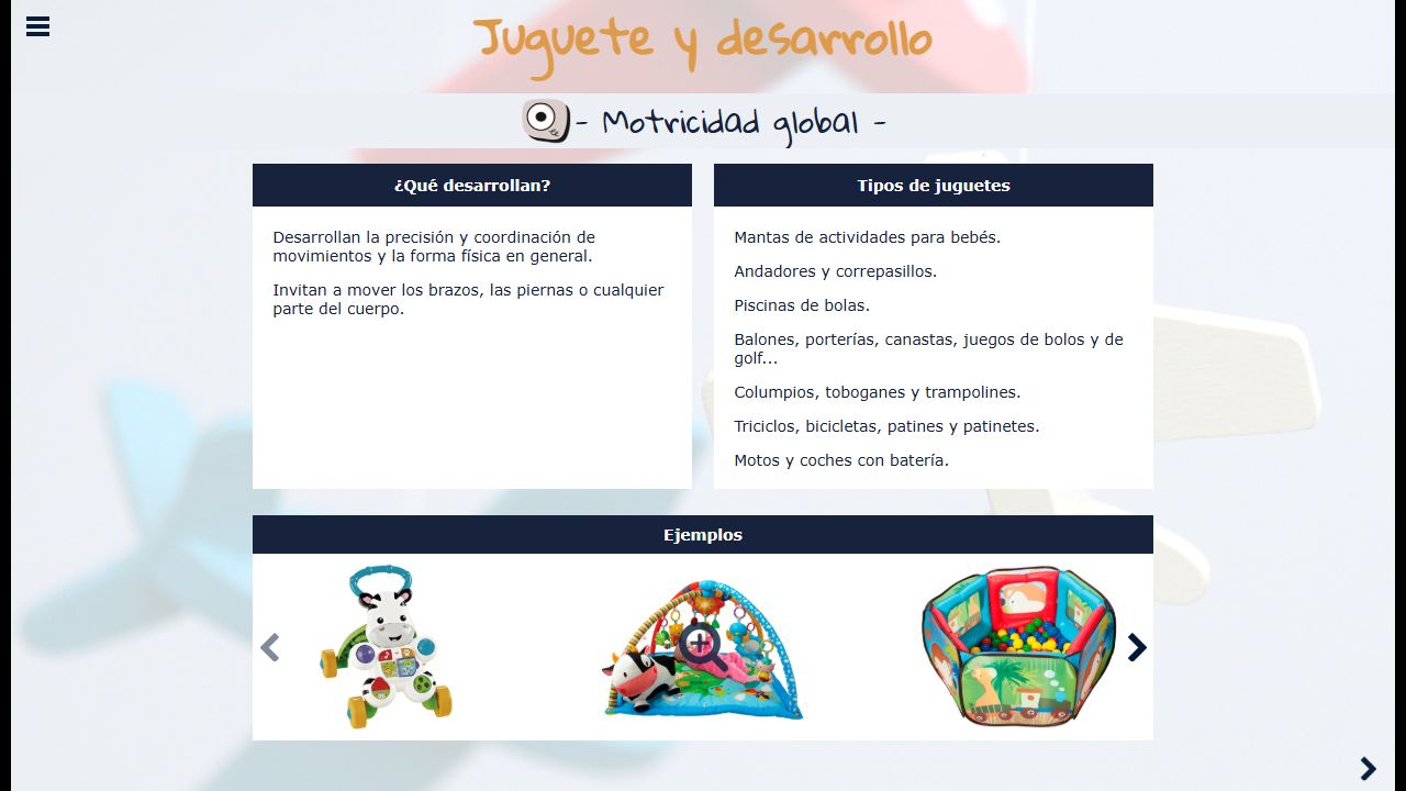 Ficha sobre motricidad global con las capacidades desarrolladas, tipos de juguetes y ejemplos de producto.