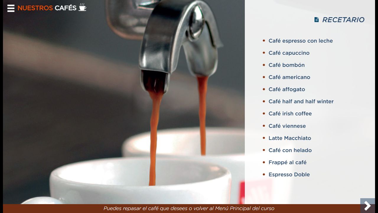 Recetario del curso con una selección de cafés y especialidades disponibles.