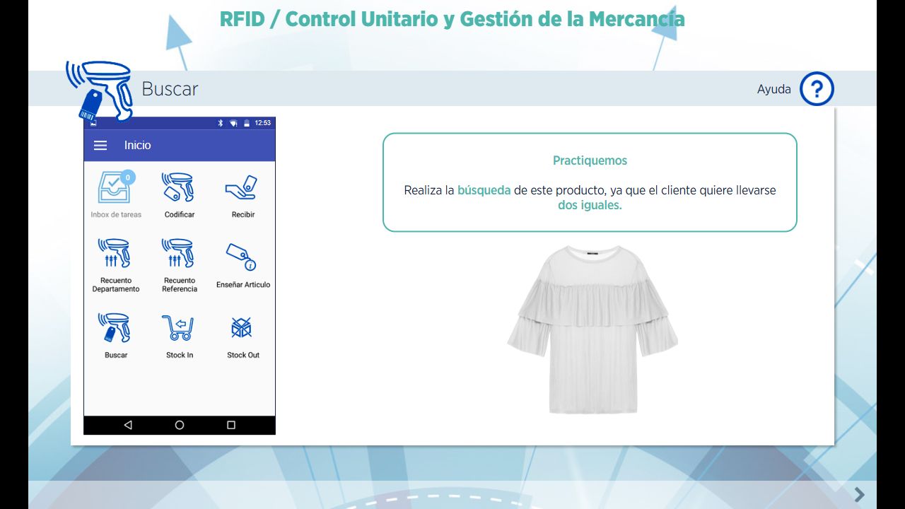 Práctica guiada de búsqueda de un producto mediante la interfaz de una PDA con funciones RFID.