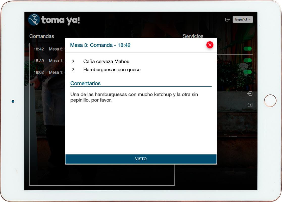 Aplicación del establecimiento con una comanda recibida desde una mesa y los comentarios del cliente.