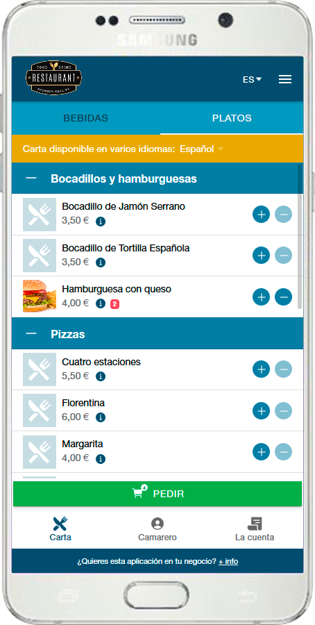 Carta digital de TomaYa con bebidas, platos, precios y opciones para añadir productos al pedido.