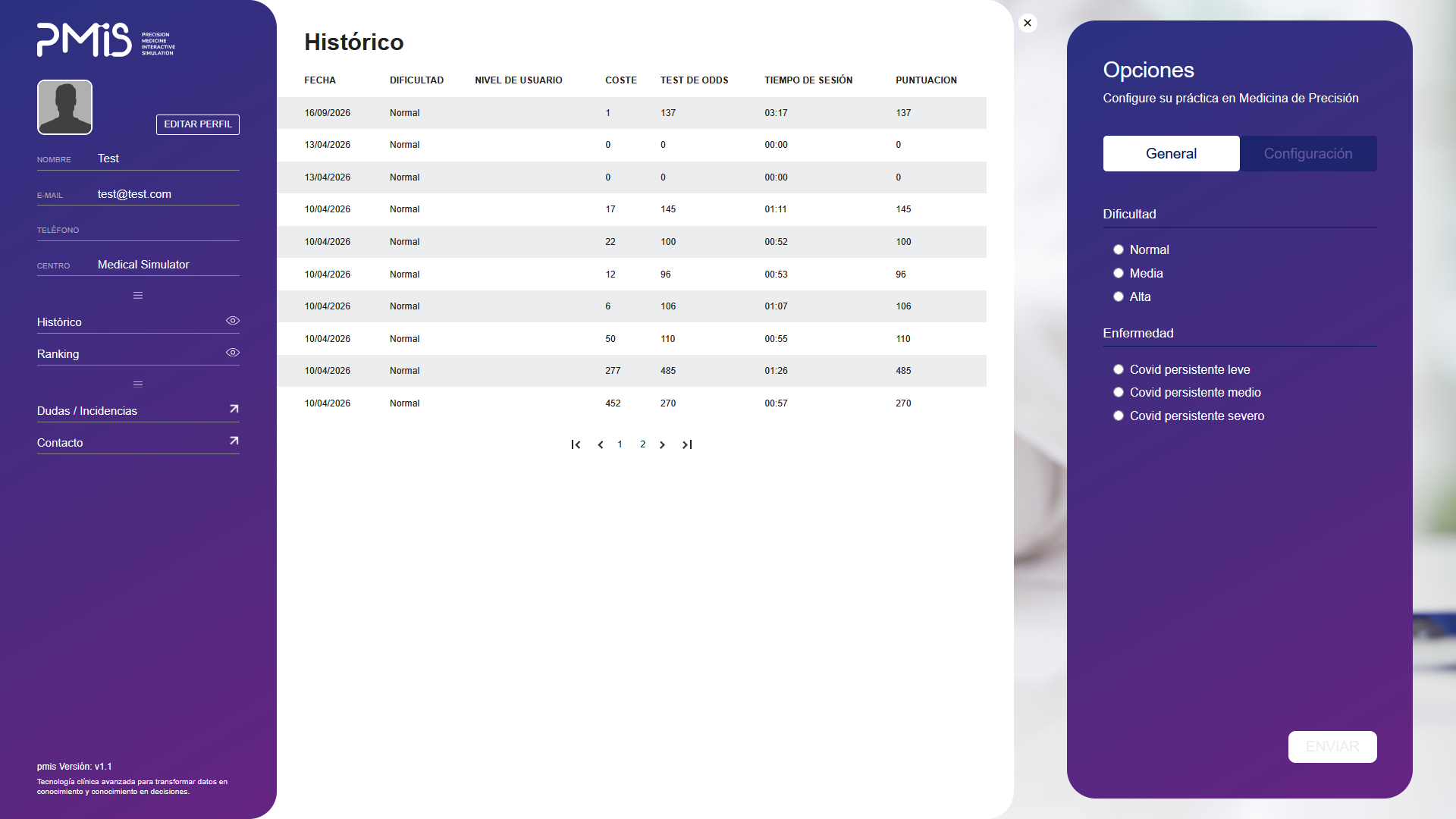 Histórico de prácticas de PMIS y panel para configurar la dificultad y la patología de una nueva simulación.