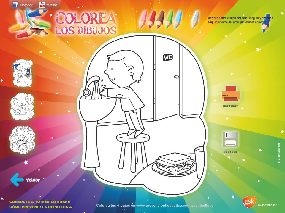 Game for colouring an illustration of a child washing their hands.