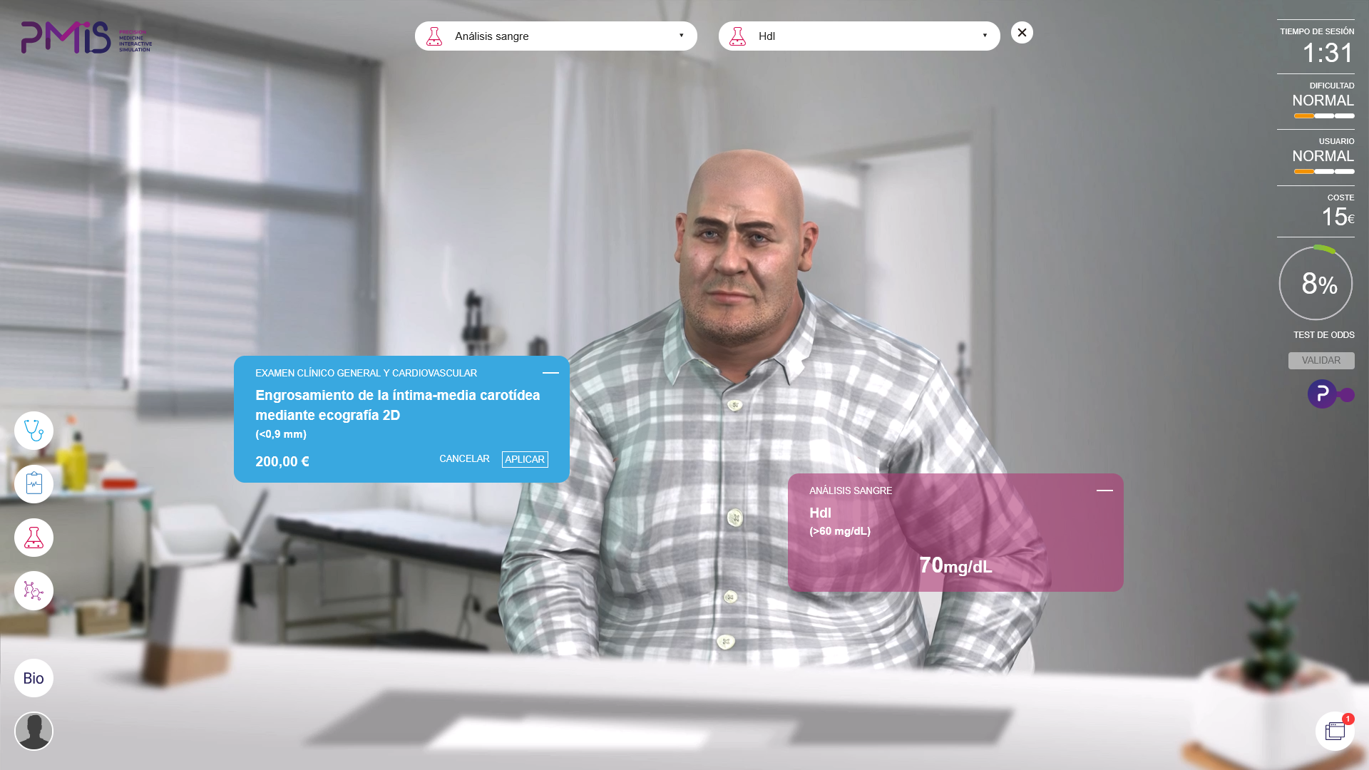 Simulación clínica de PMIS con un paciente virtual, selección de exploraciones y resultados de pruebas diagnósticas.