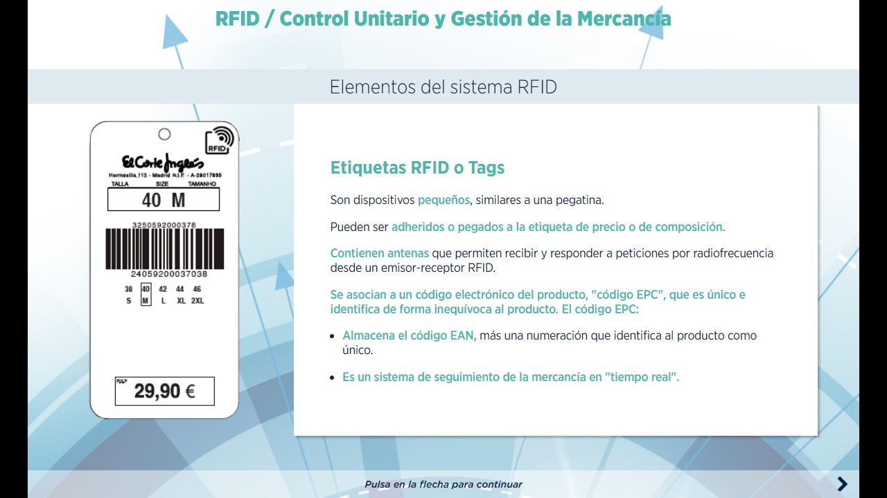 Explicación de las etiquetas RFID y del código electrónico utilizado para identificar cada producto.