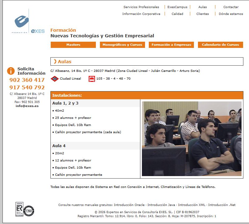 Exes classrooms page with information about the facilities and a photograph of a class.