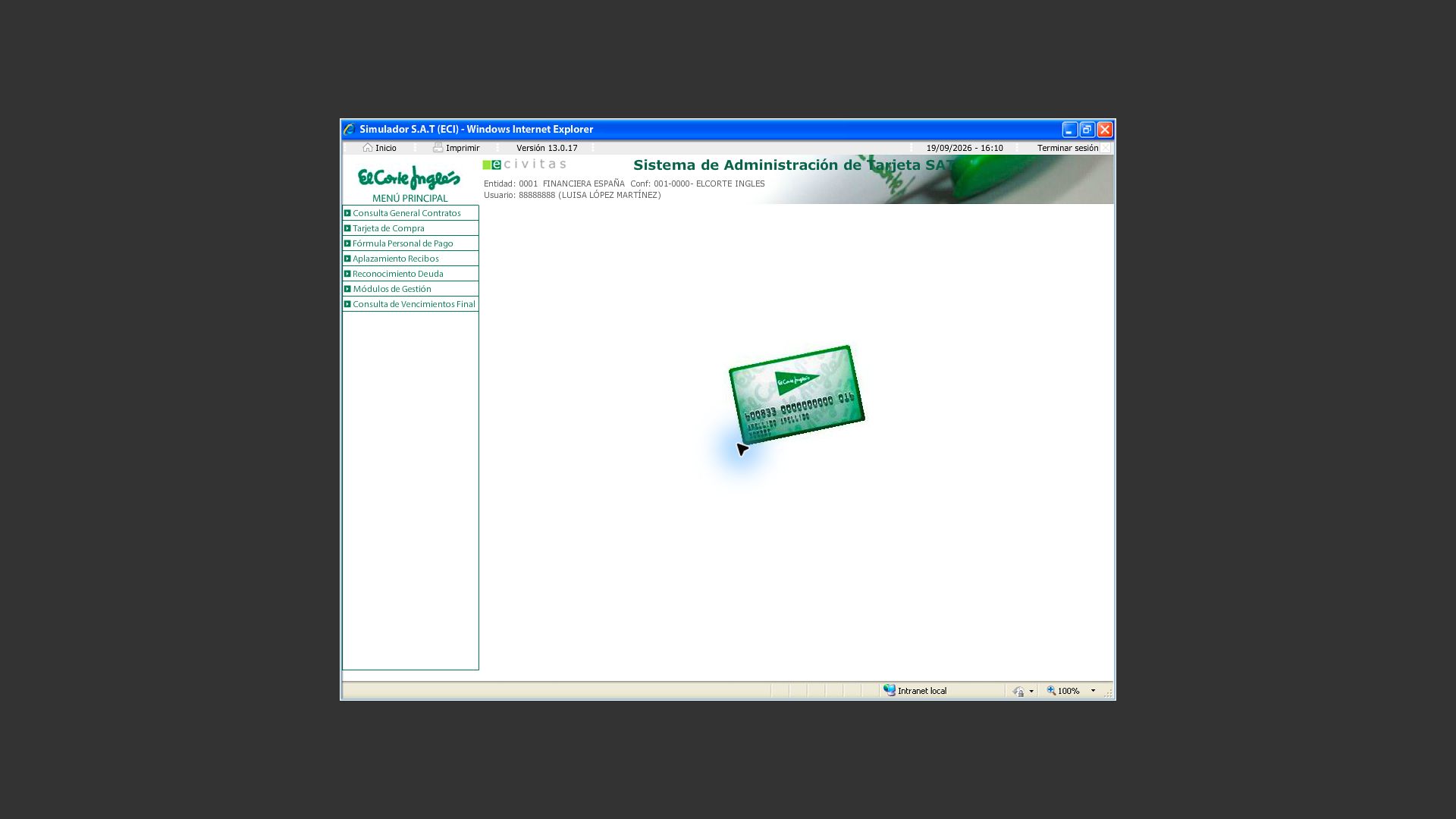 Menú principal del simulador con acceso a los módulos del sistema de administración de tarjetas de El Corte Inglés.