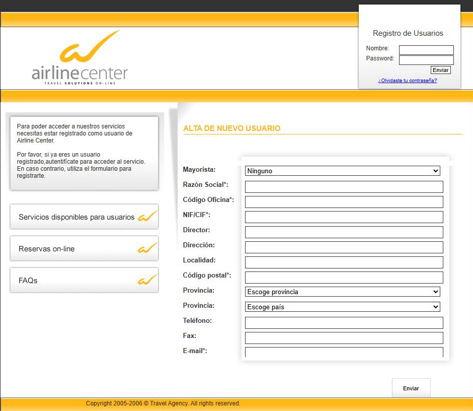 Pantalla de acceso y registro de nuevos usuarios de Airline Center.