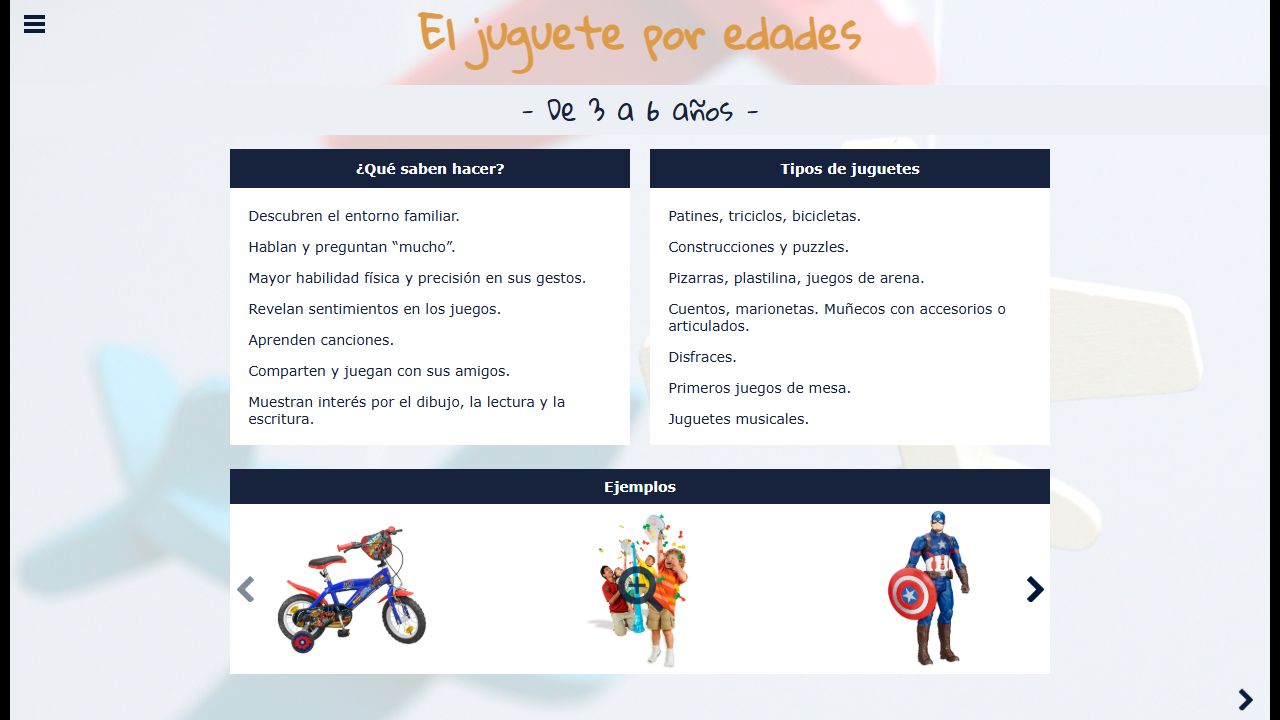 Recomendaciones de juguetes para niños de tres a seis años con capacidades, tipos de producto y ejemplos.