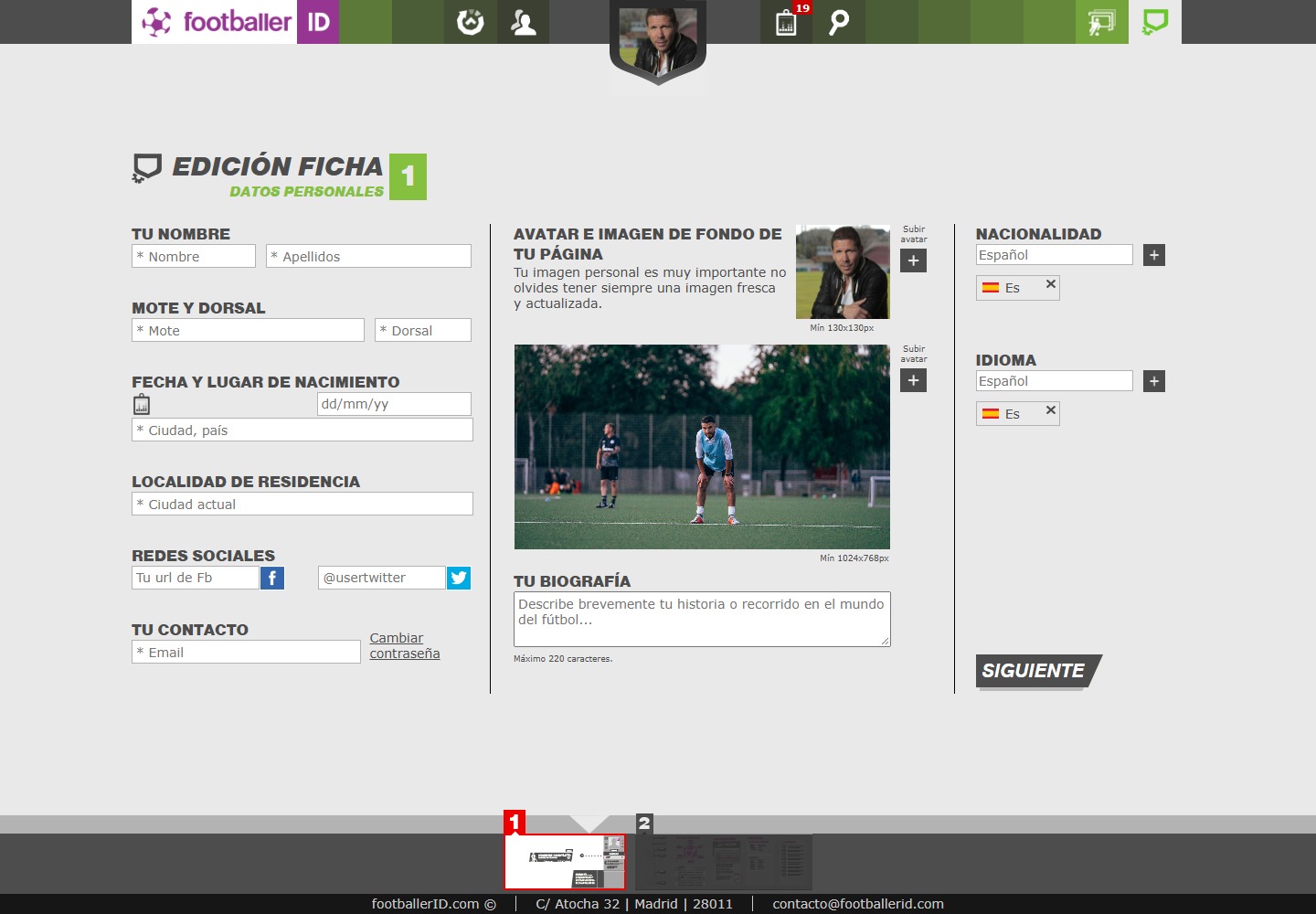 Editor de Footballer ID para completar los datos personales y profesionales de un jugador.