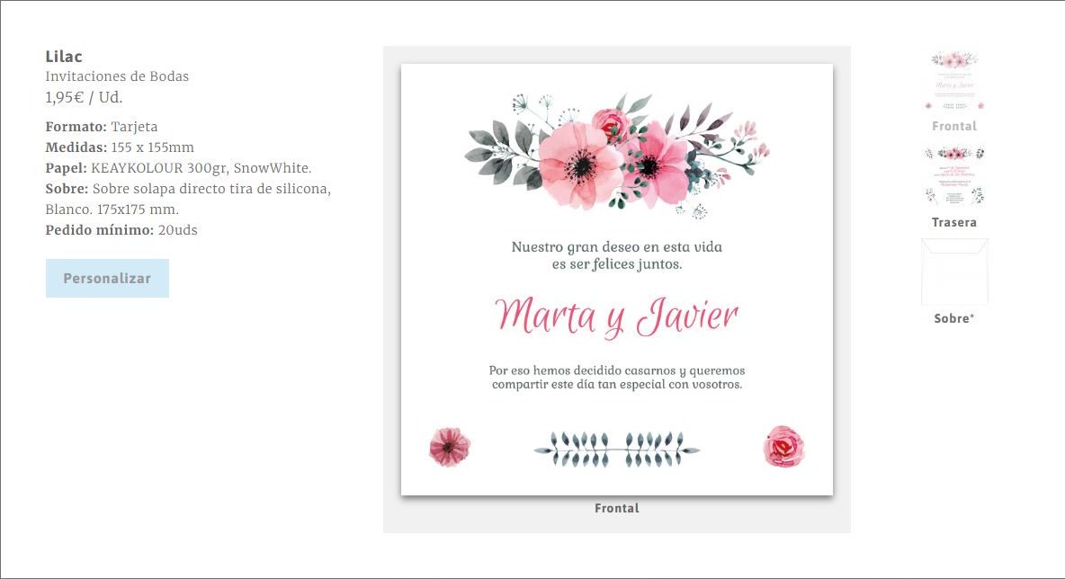 Vista previa de una invitación de boda con información sobre el formato, el papel y el sobre.
