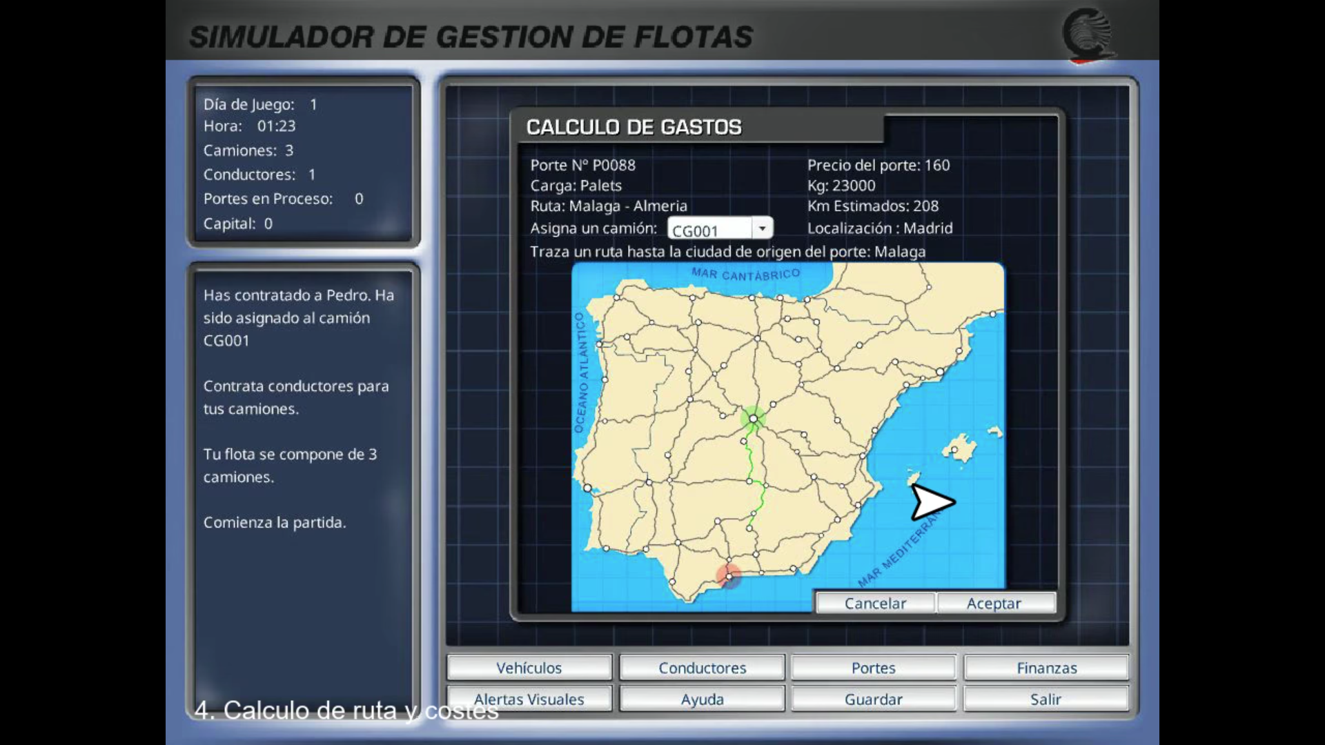 Video of a simulator session showing vehicle selection and access to fleet management tools.