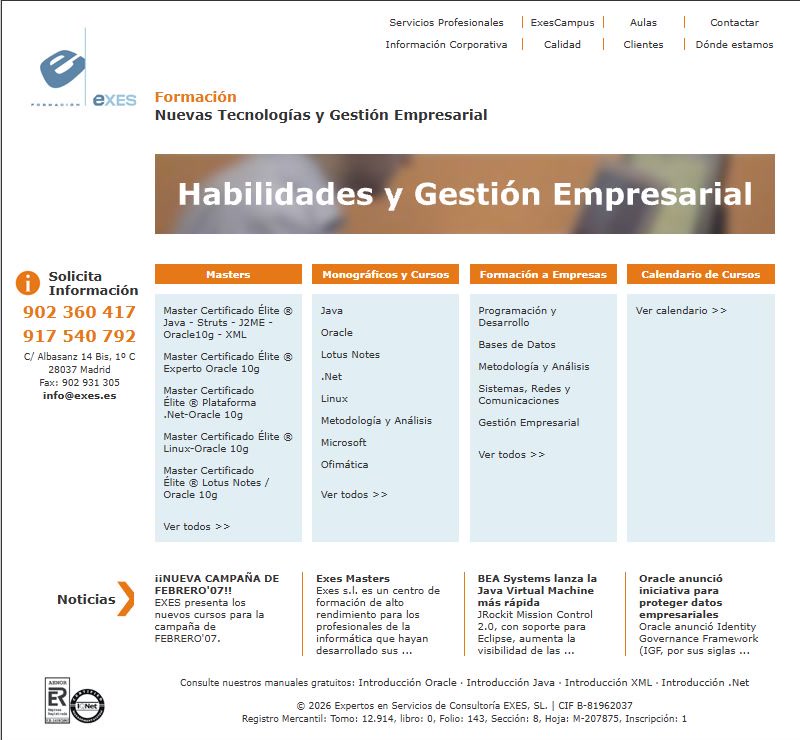 Exes website front page with training programmes, course dates and news.
