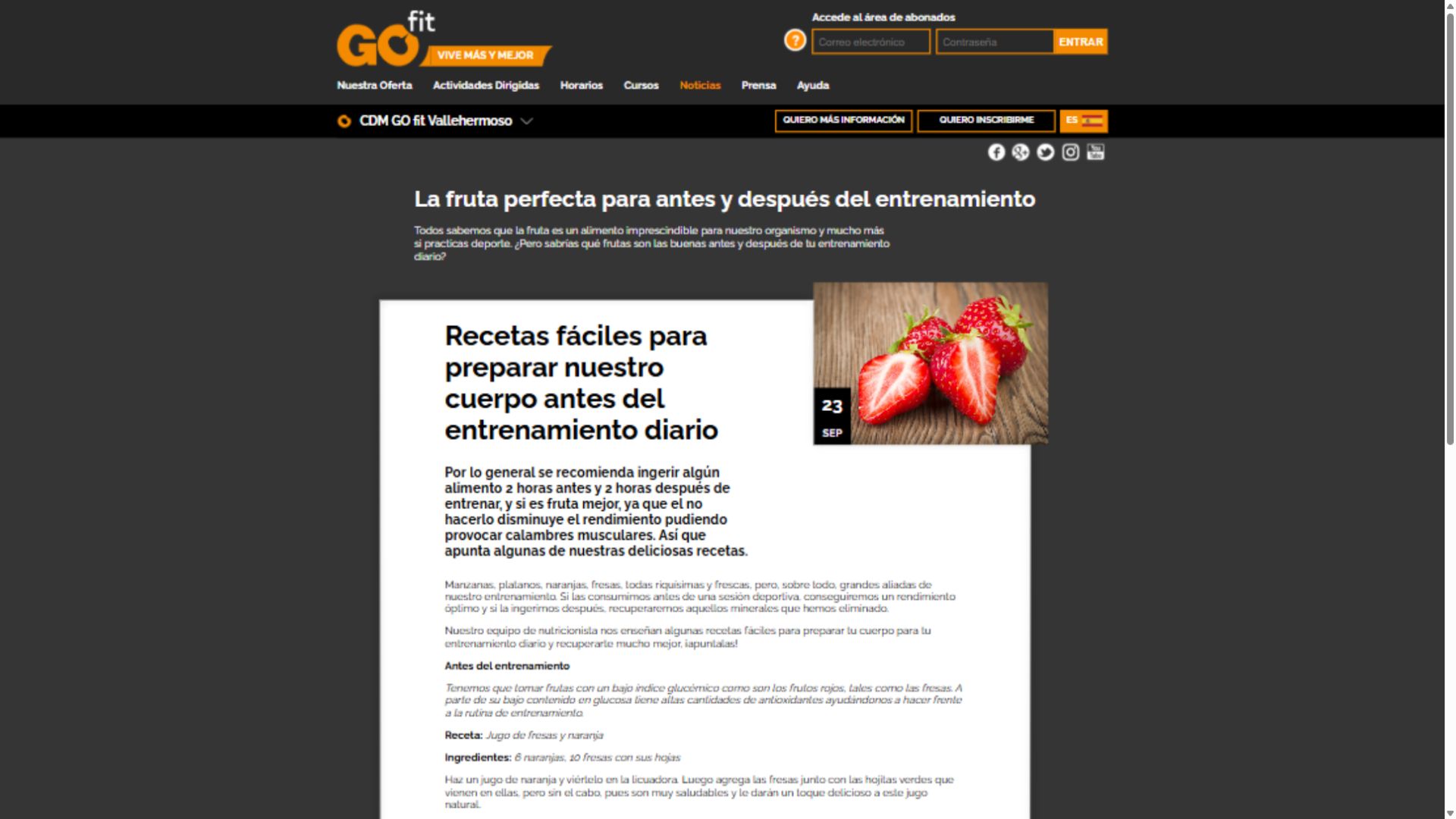 Artículo de la web de Go Fit sobre el consumo de fruta antes y después del entrenamiento.