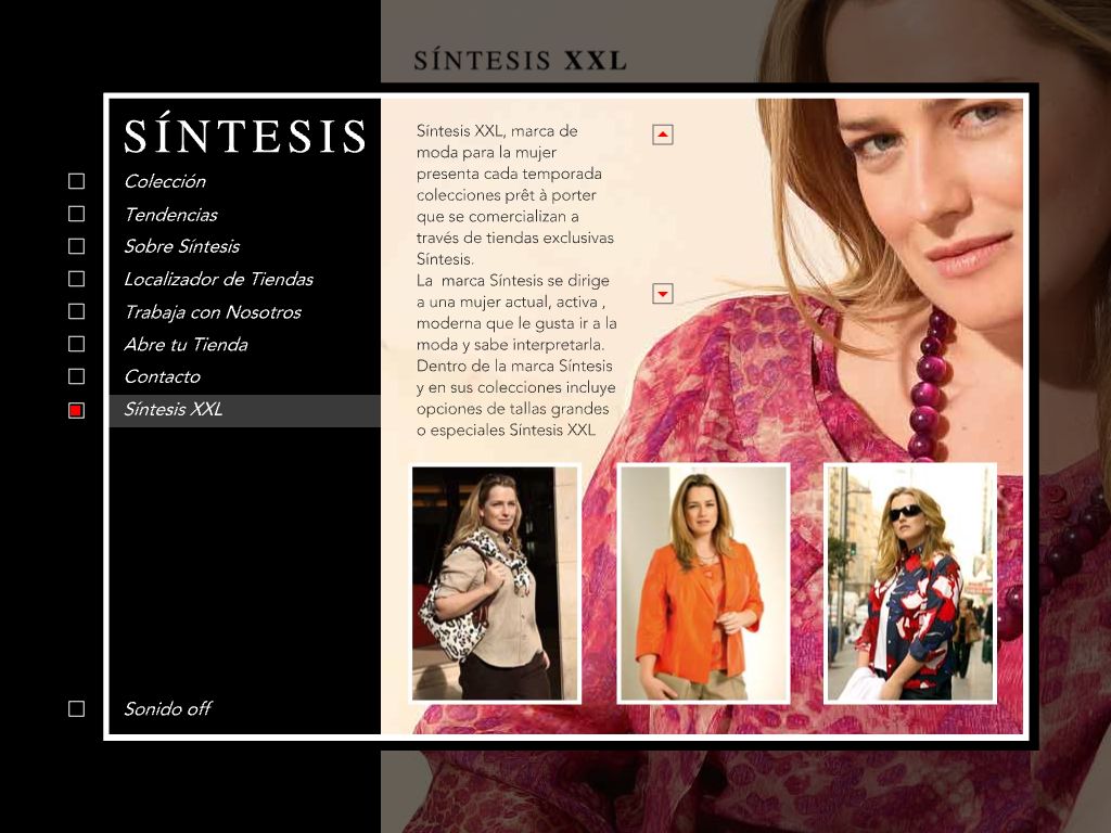 Página de la línea de moda Síntesis XXL con información e imágenes de la colección.