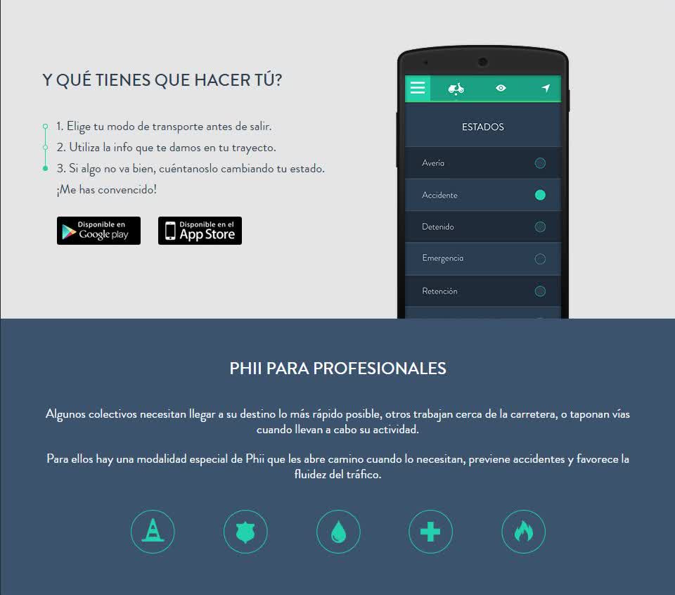 Aplicación móvil de Phii con estados de incidencia y modalidad específica para profesionales.