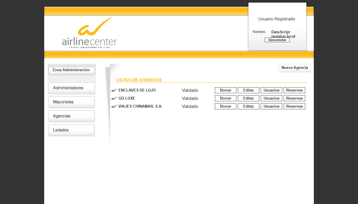 Área de administración de Airline Center con el listado de agencias y acceso a sus usuarios y reservas.