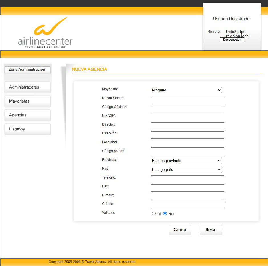 Formulario de administración para dar de alta una nueva agencia.