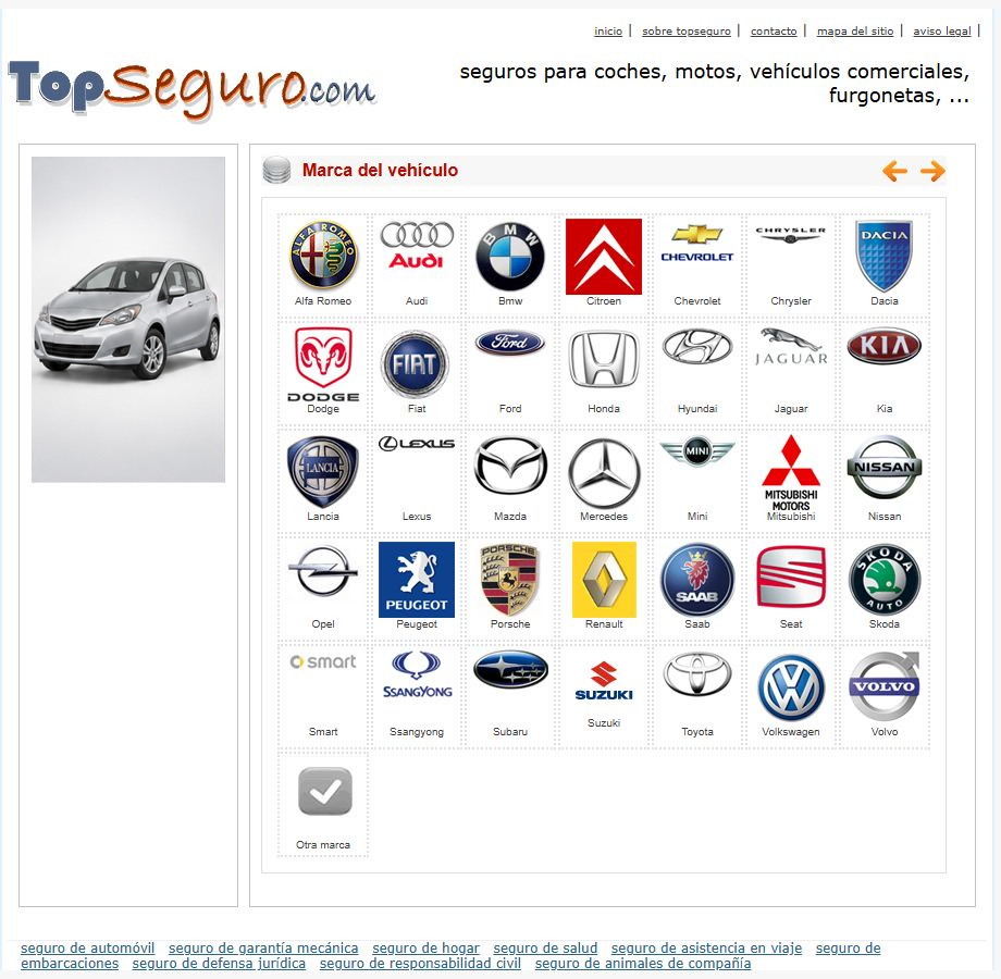Selector de marcas de vehículos del comparador Top Seguros.