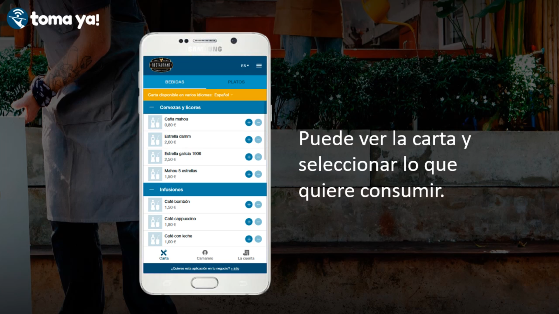 Vídeo promocional de TomaYa sobre la consulta de la carta y el envío de pedidos desde la mesa.