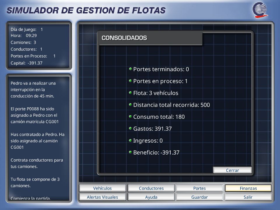 Simulator panel with consolidated data on haulage jobs, fleet, distance, fuel consumption and financial results.