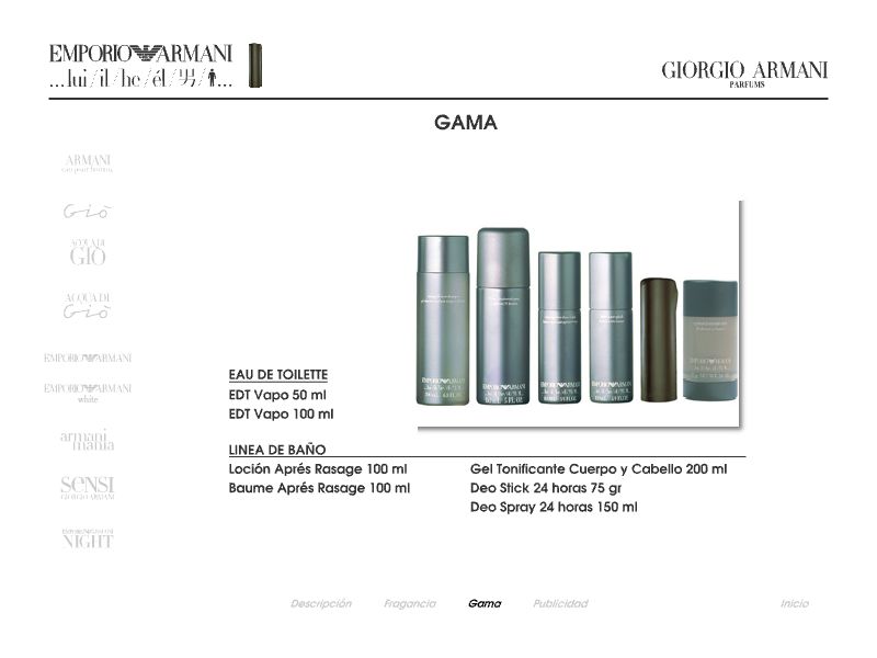 Gama de productos de una fragancia de Giorgio Armani con sus distintas presentaciones.
