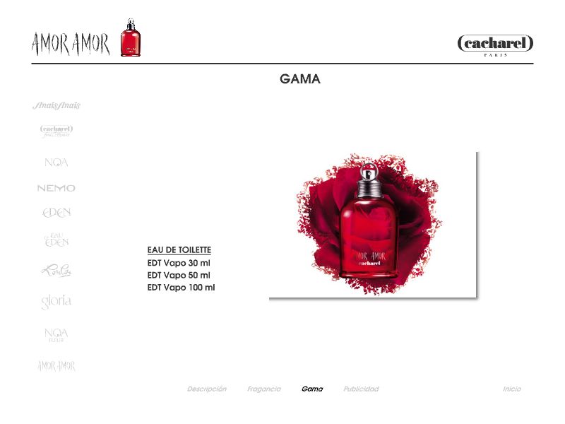 Gama de Amor Amor de Cacharel con las presentaciones disponibles.