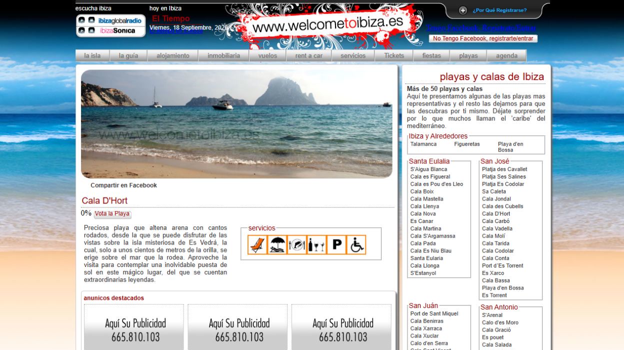Página informativa de Cala d’Hort con una fotografía de la playa y sus servicios.