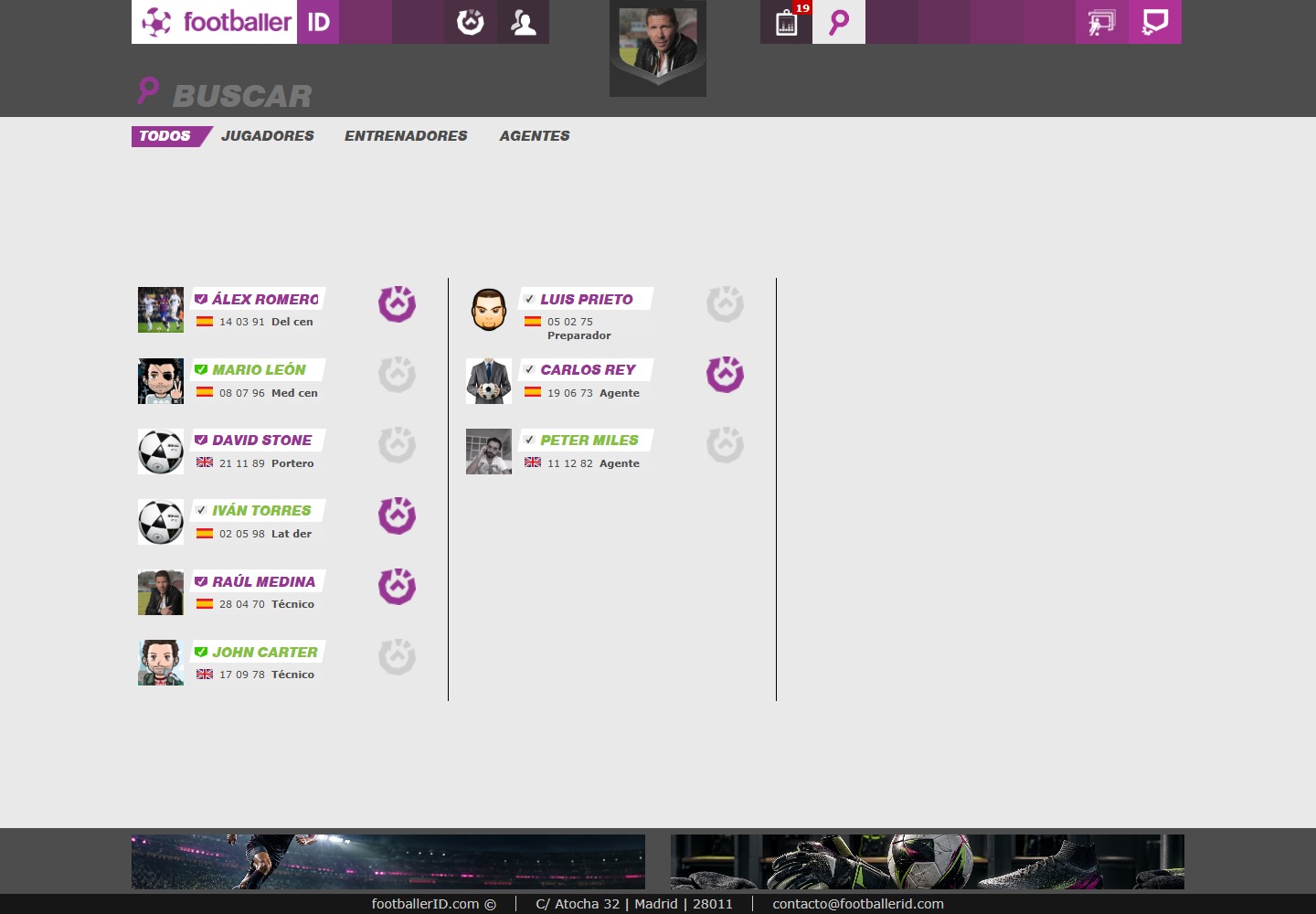 Buscador de Footballer ID con perfiles de jugadores, entrenadores y agentes.