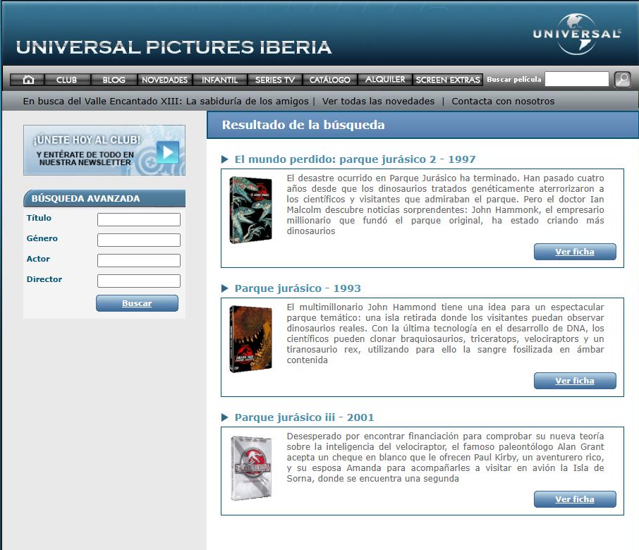Resultados de búsqueda de películas de la saga Parque Jurásico.