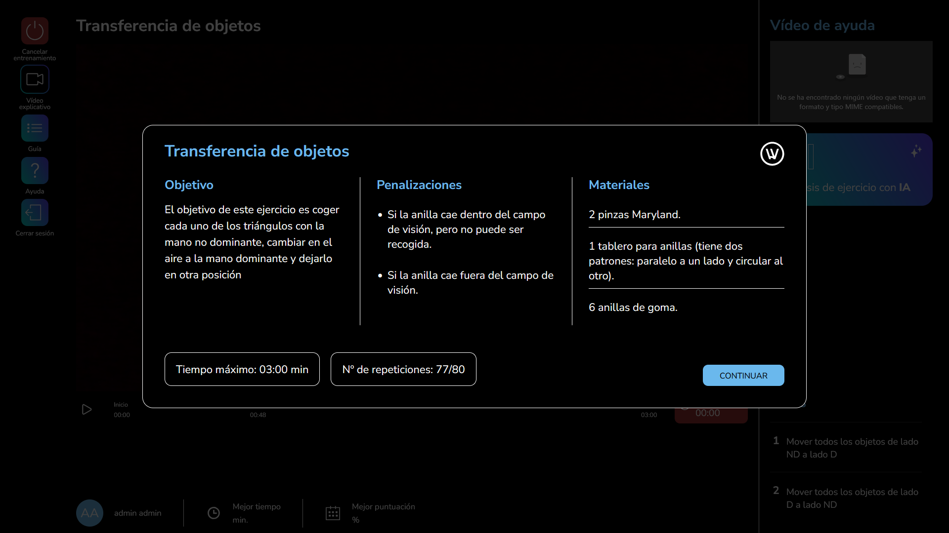 Guía del ejercicio de transferencia de objetos con su objetivo, penalizaciones, materiales y tiempo disponible.