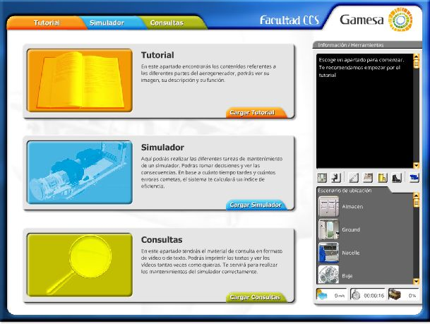 Main menu providing access to the tutorial, simulator and reference materials.