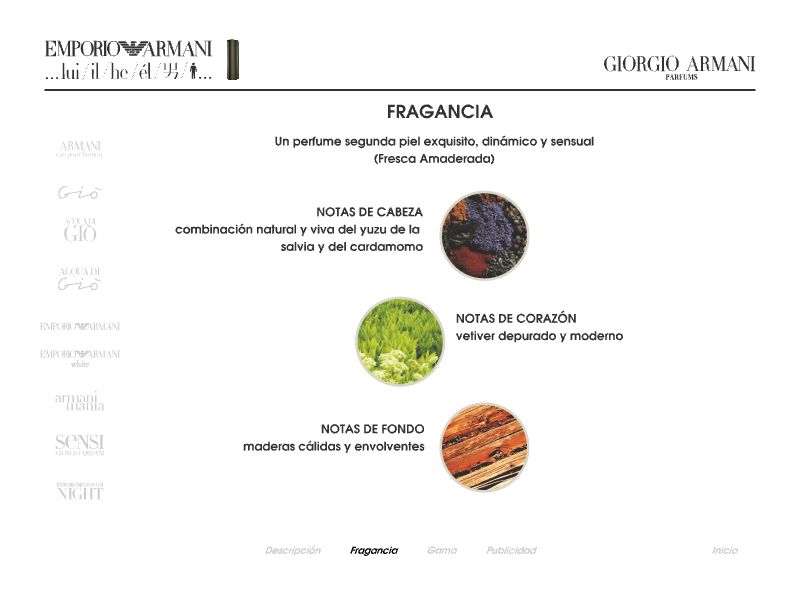 Ficha de una fragancia de Giorgio Armani con sus notas de cabeza, corazón y fondo.