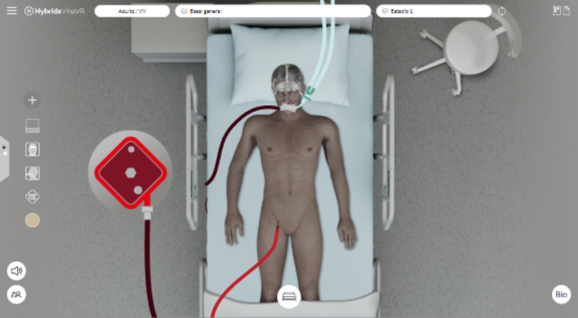 Simulación de HVita VR con la representación del paciente, el circuito ECMO y sus parámetros de seguimiento.