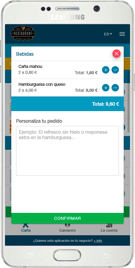 Resumen de un pedido con cantidades, importe total y campo para añadir indicaciones.