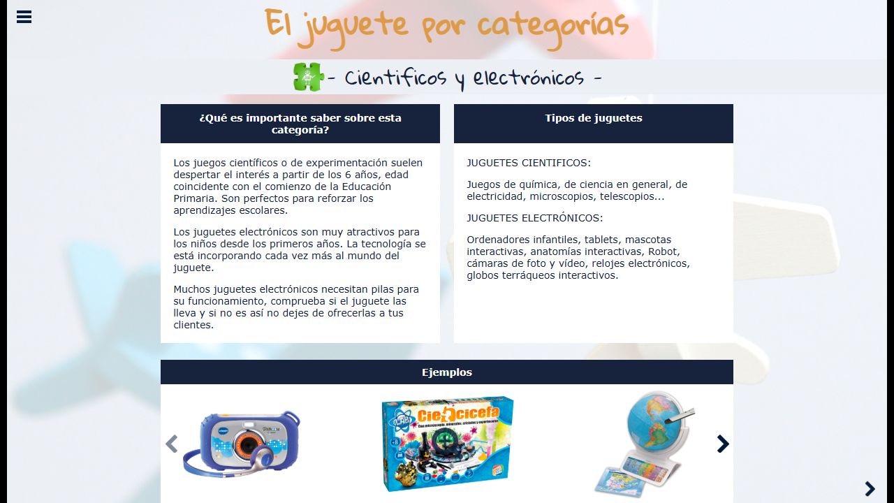 Ficha de juguetes científicos y electrónicos con recomendaciones, tipos de producto y ejemplos.