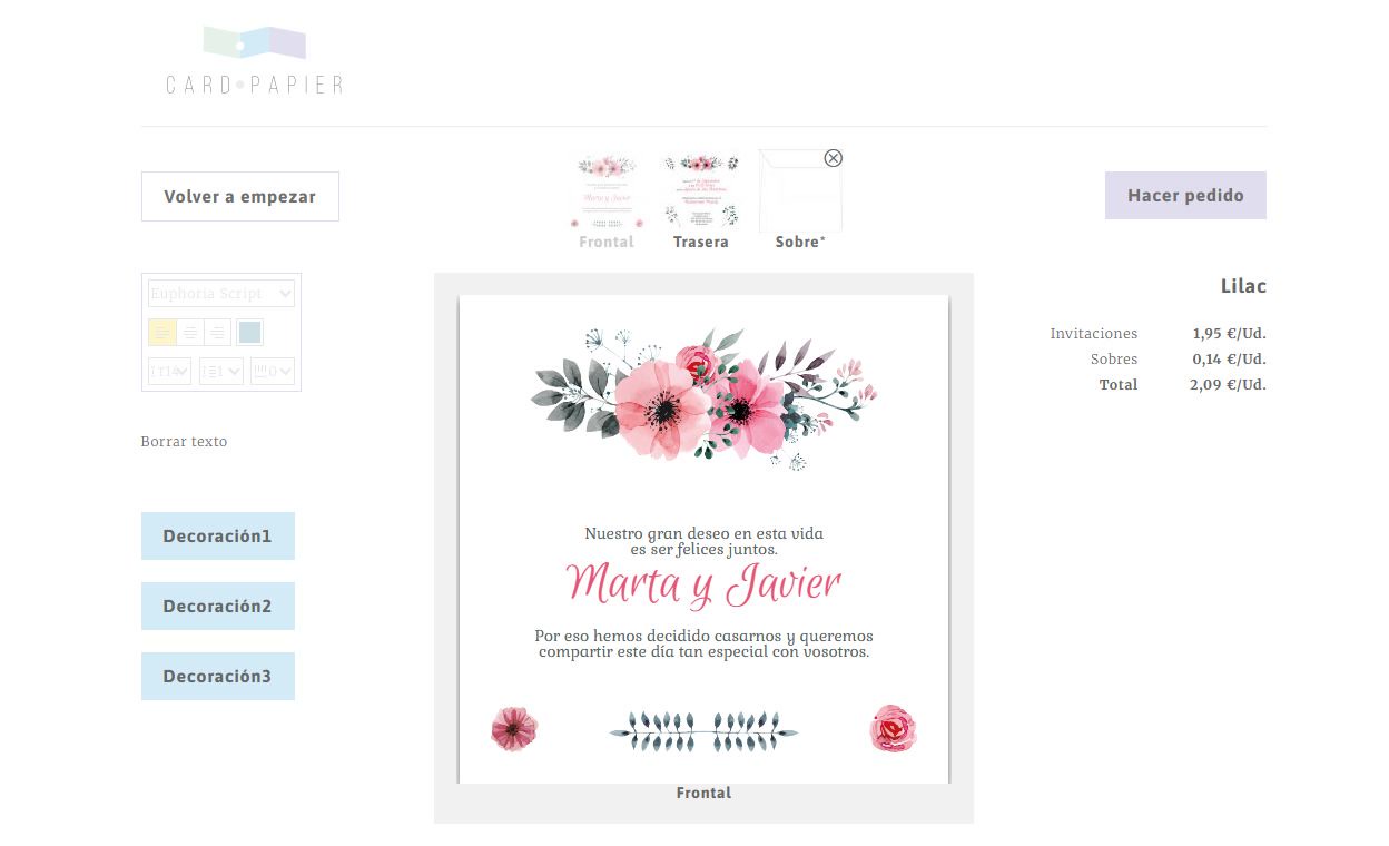 Editor de CardPapier para personalizar el frontal de una invitación de boda.