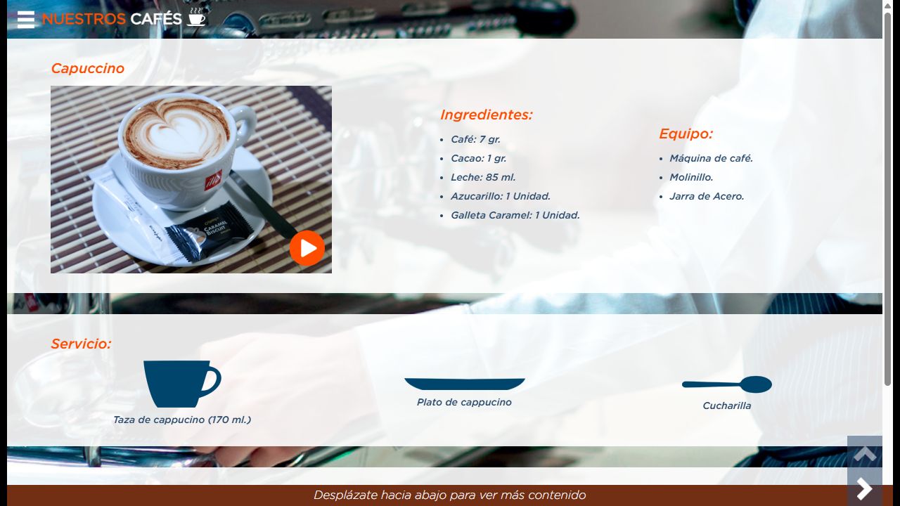 Ficha de preparación de un capuccino con sus ingredientes, equipo y elementos de servicio.