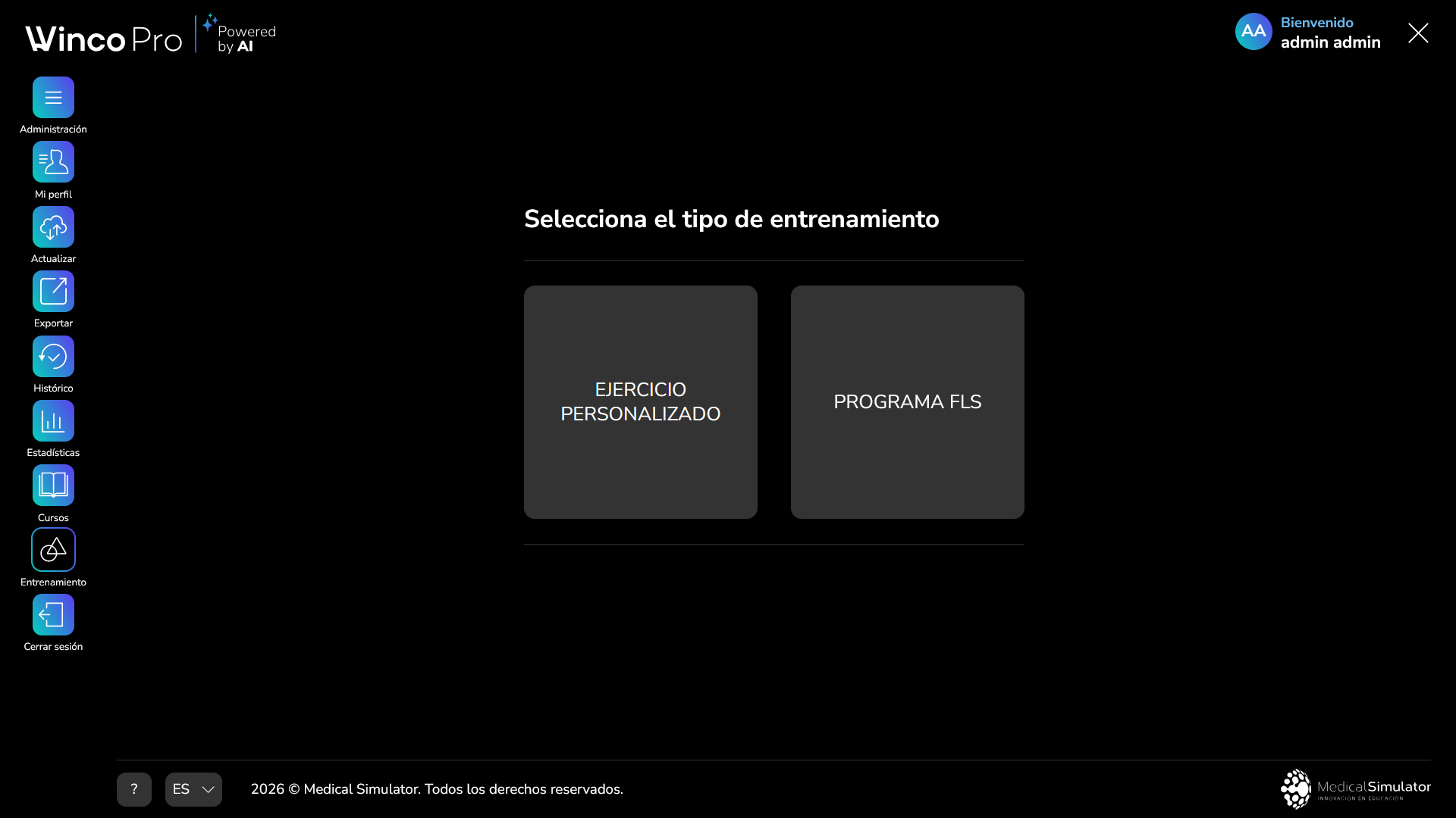Selector de Winco Pro para elegir entre un ejercicio personalizado y un programa de entrenamiento FLS.