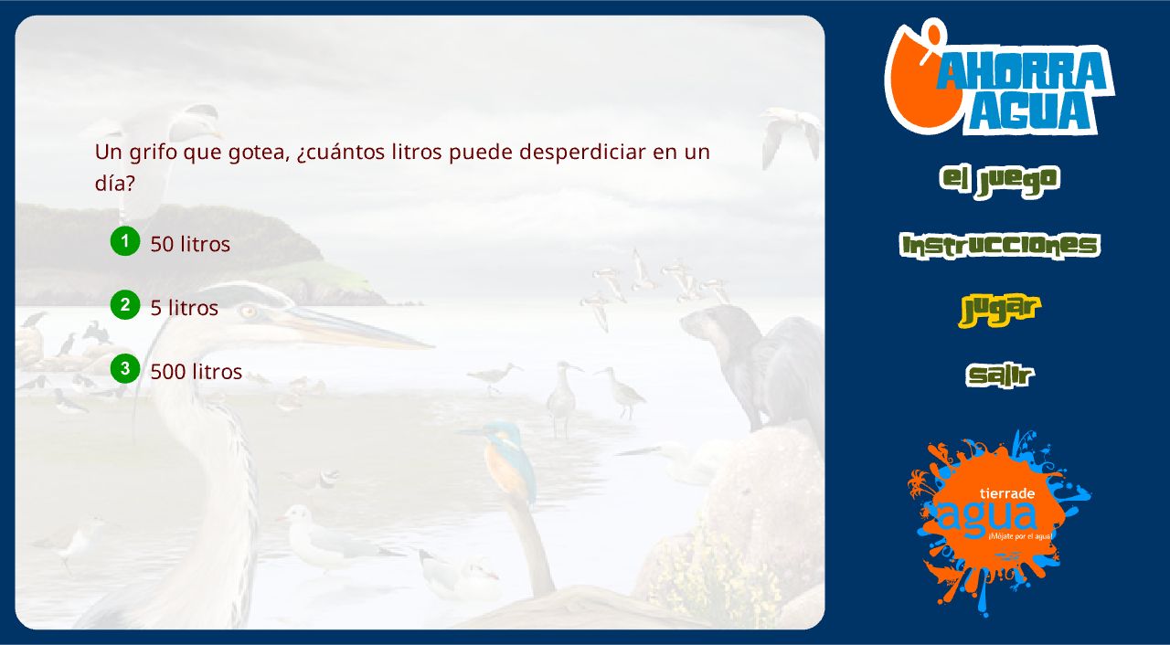 Pregunta del juego educativo sobre el ahorro y el consumo responsable de agua.