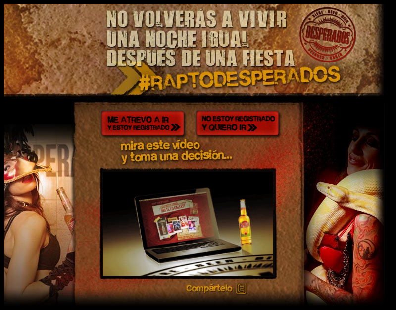 Pantalla de inicio de Rapto Desperados con el vídeo promocional y los accesos para participar.