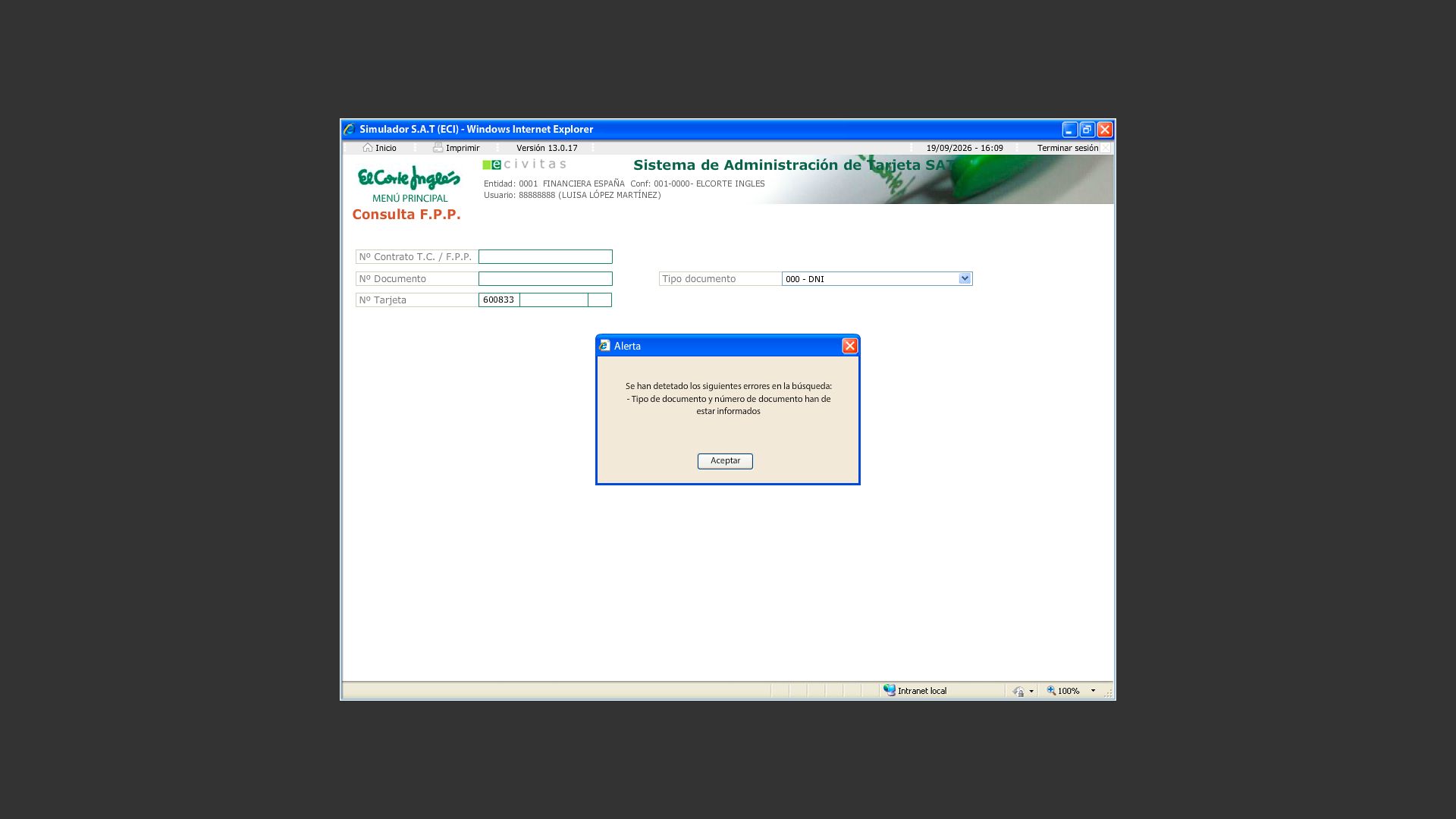 Consulta de Fórmula Personal de Pago con un aviso de validación sobre los datos necesarios para realizar la búsqueda.
