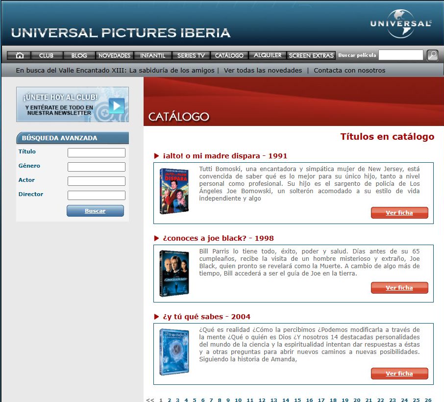 Catálogo de Universal Pictures con un listado de películas, portadas y sinopsis.