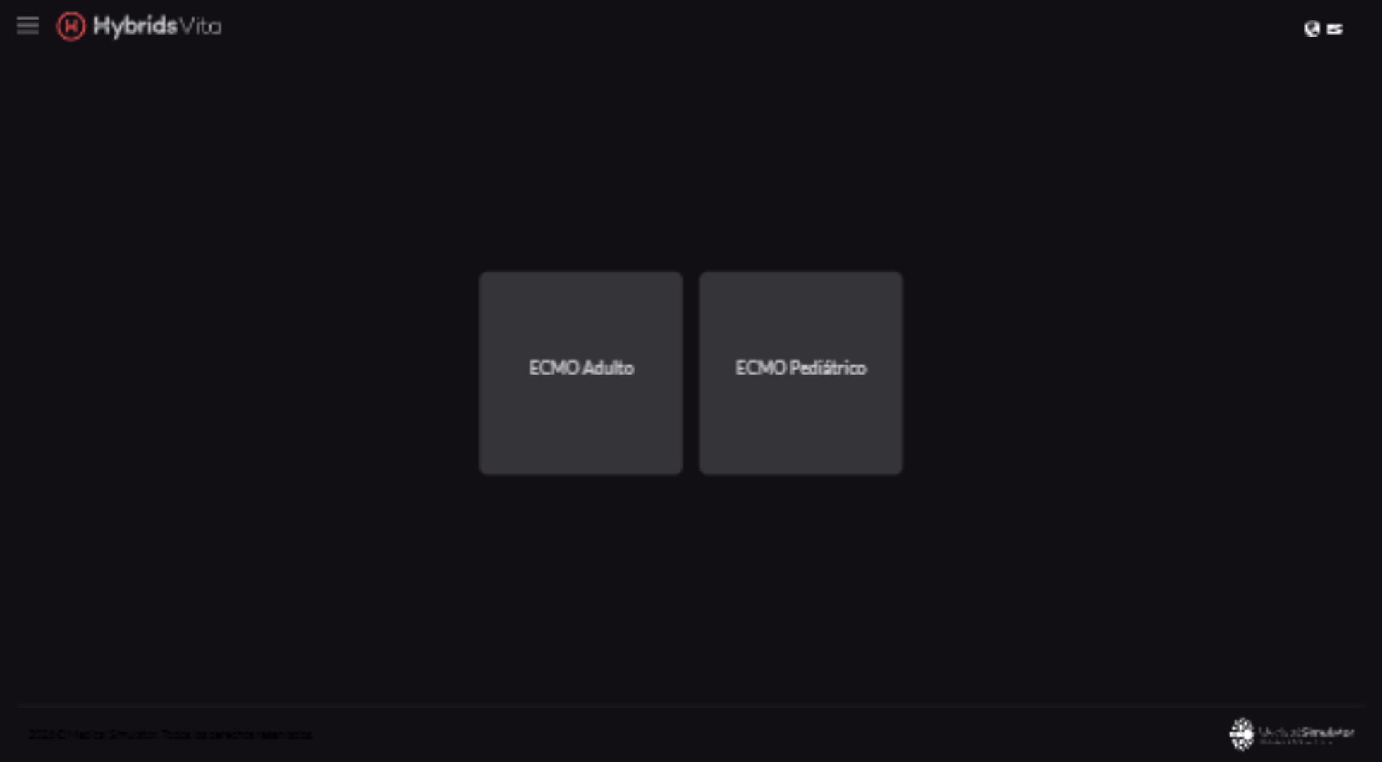 Selector de modalidad para iniciar una simulación ECMO en HVita VR.