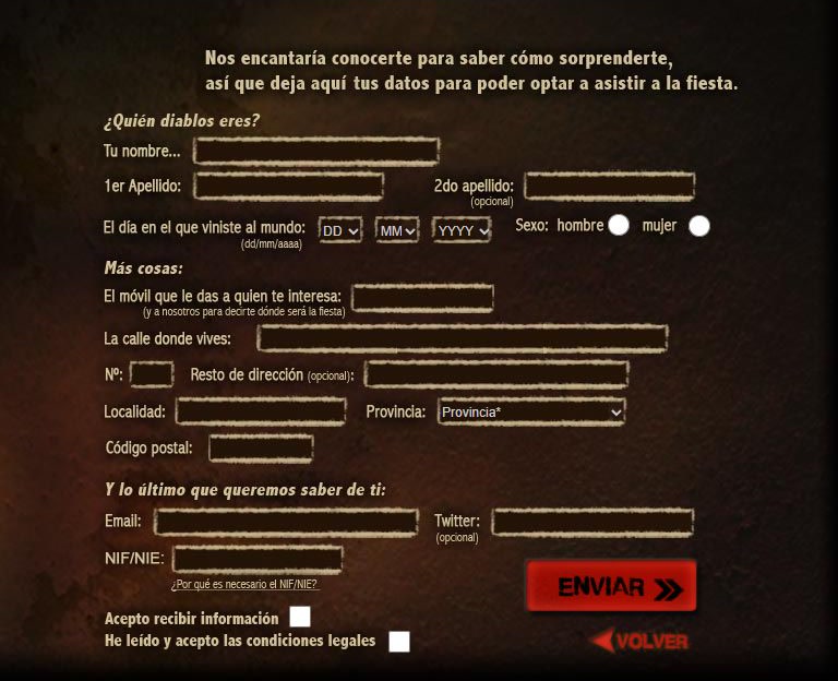 Formulario de inscripción para solicitar la asistencia a la fiesta Rapto Desperados.